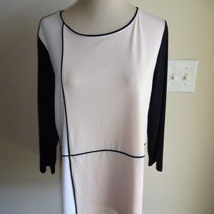 Womens Calvin Klein Block Top Shirt L Tan White Black Lined 3/4 Sleeves